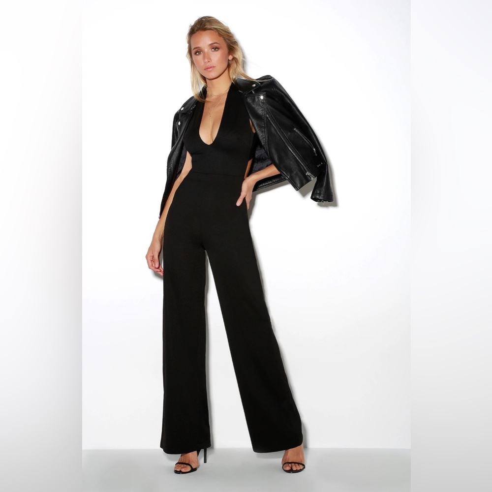 The popular Lulu’s Thinking Out Loud Black Backless Jumpsuit